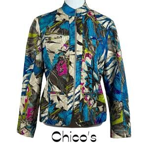 Chico’s Blue Cream Metallic CottageCore Coastal Grandma Jacket NWOT Size 8